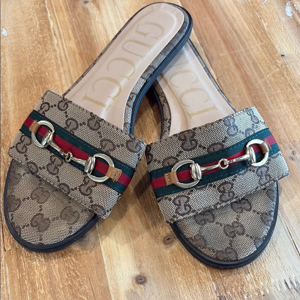 Gucci Beige Monogram Mules with Red and Green Stripes